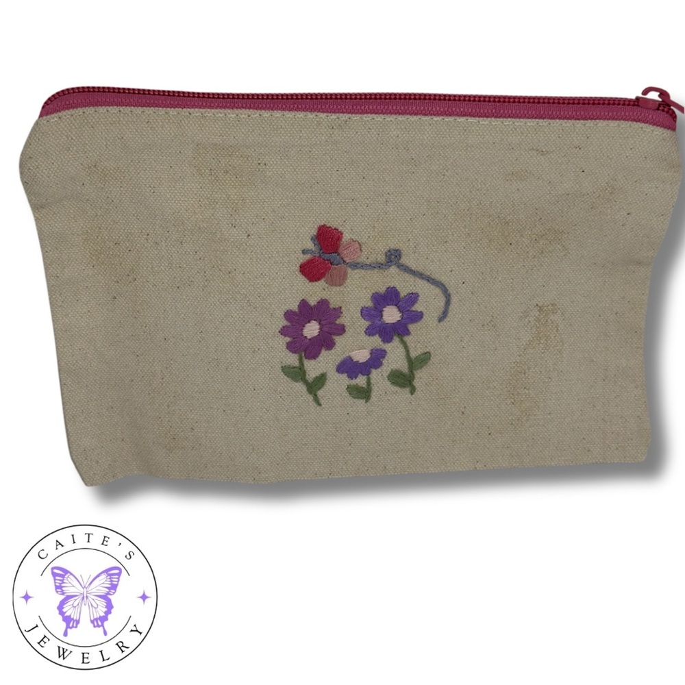 Handmade Embroidered Natural Butterfly and Flower Makeup Bag